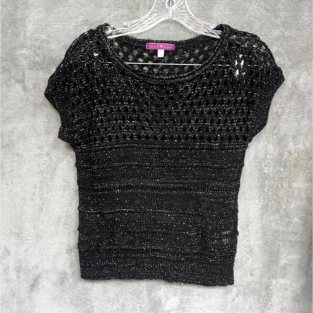 Juniors Top Small Short Sleeve Open Knit Black‎ Glitter Y2K Whimsigoth